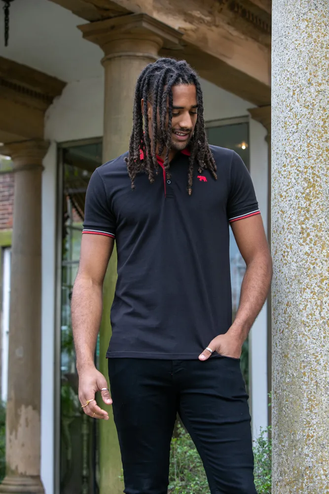 Black Pique Polo Shirt With Cuff and Collar Tipping Detail (CHESTER)